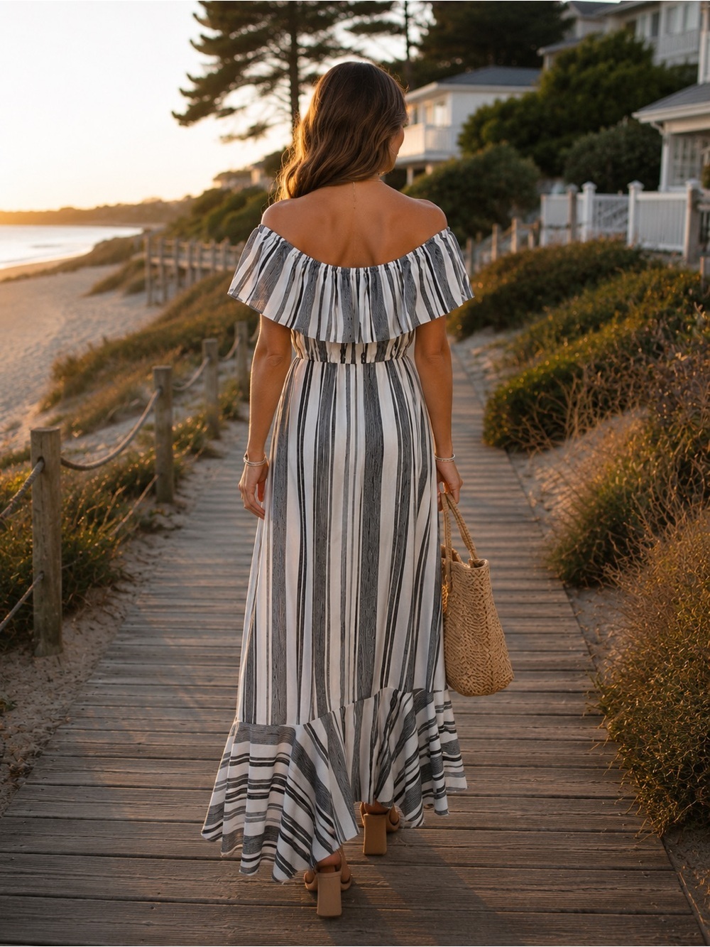 Bailey Blue Striped Off Shoulder Maxi Dress SZ M Boho Beachy Ruffle - Picture 2 of 8